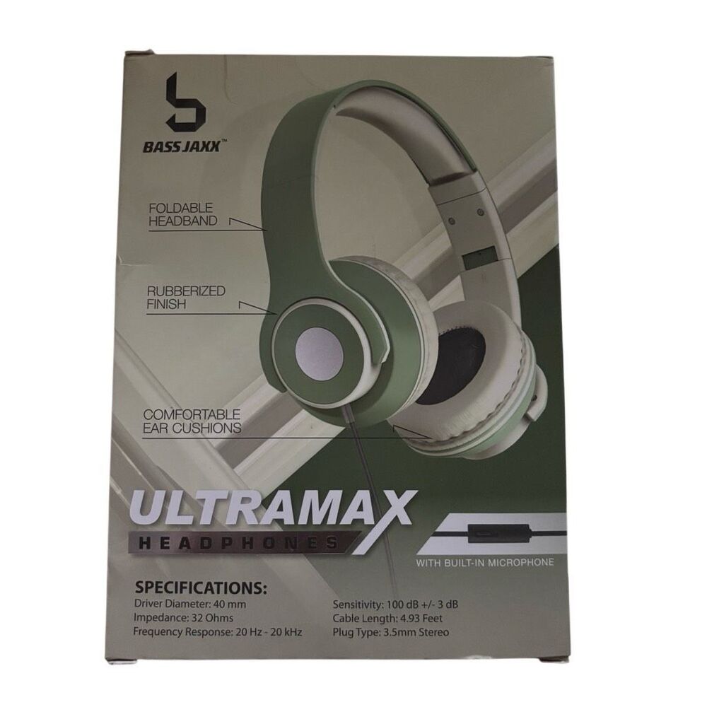 Bass Jaxx Ultramax Wired Headphones with Built-In Mic Green Foldable NIB New